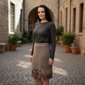 Nic + Zoe ✦ Taupe Knit Pencil Skirt Metallic Abstract Hem ✦ Stretch Pull-On S